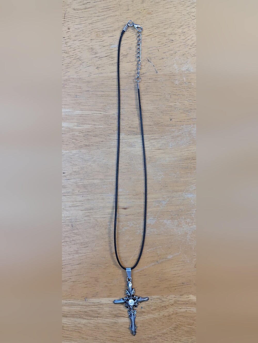 Men's Gothic Cross Pendant Necklace on Black Cord | Silver-Tone Cross, T5B9E